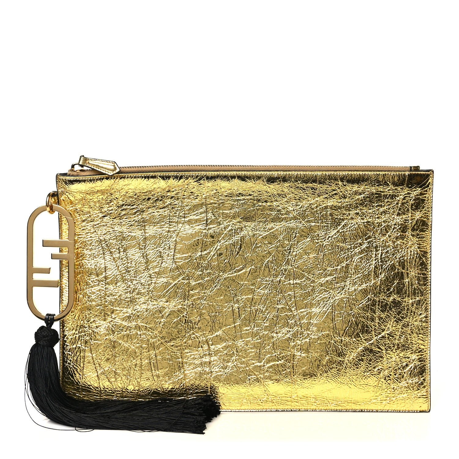 Fendi Laminated Craquele Lambskin Large Flat Pouch  Gold