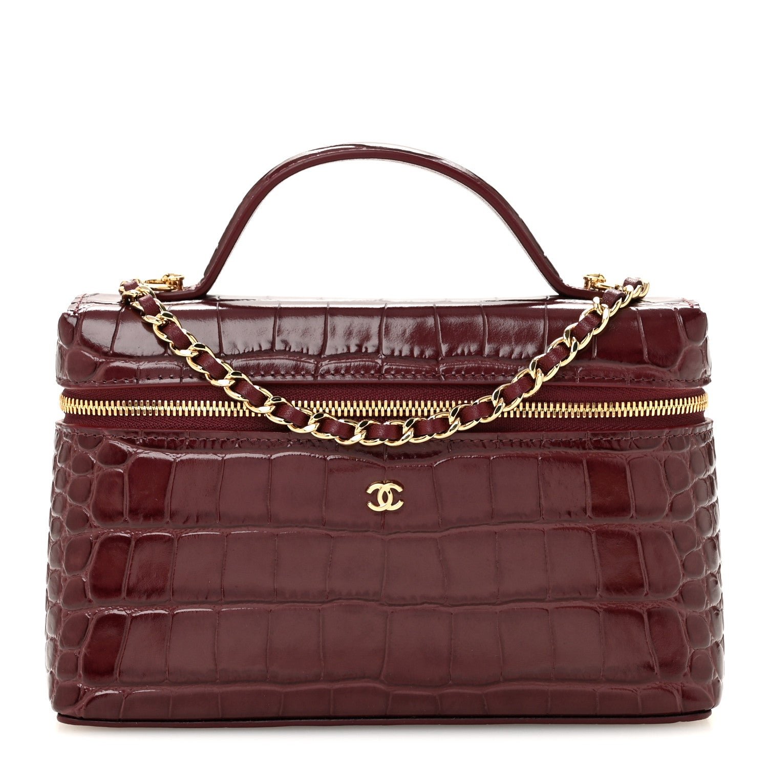 Chanel Calfskin Crocodile Embossed Crococo Top Handle Slim Vanity Case With Chain Dark Burgundy