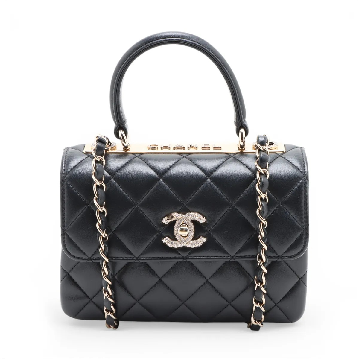 Chanel Trendy CC Lambskin 2 Way Handbag Black Gold Metal Fittings random plate A