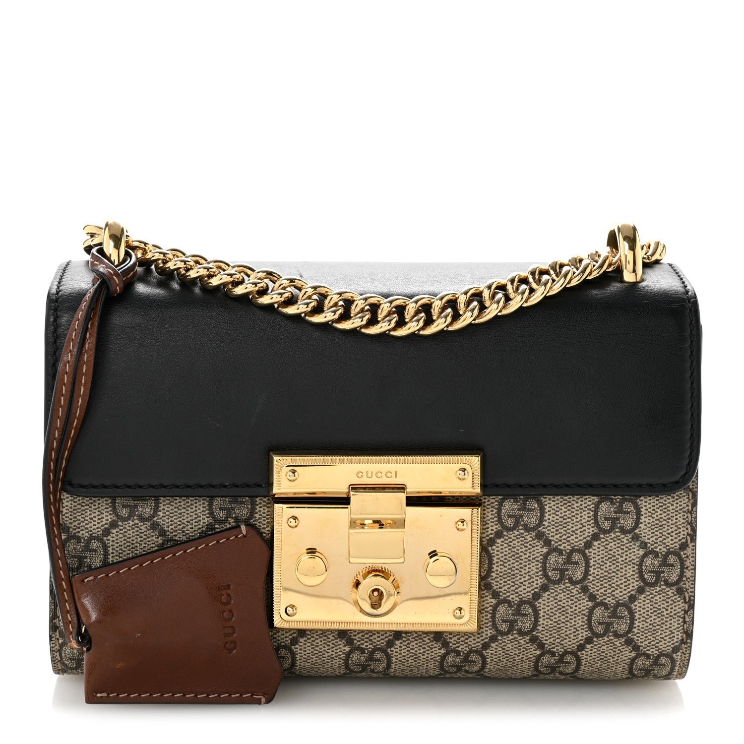 Gucci GG Supreme Monogram Calfskin Small Padlock Shoulder Bag Beige Black Cuir