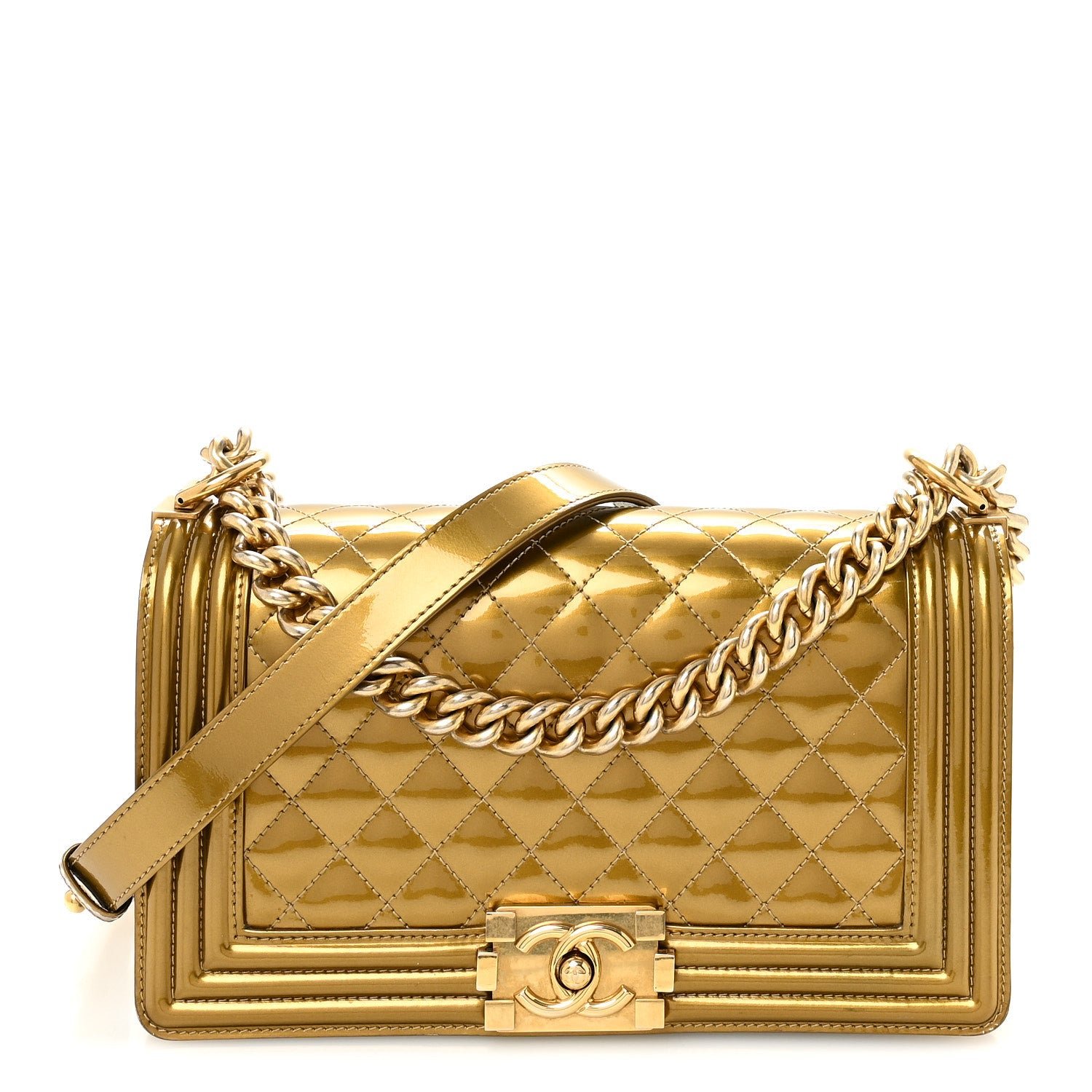 Chanel Metallic Patent Calfskin Quilted Medium Boy Flap Gold