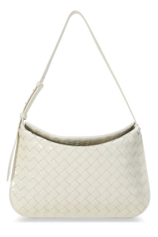 Bottega Veneta White Patent Leather Intrecciato Shoulder Bag