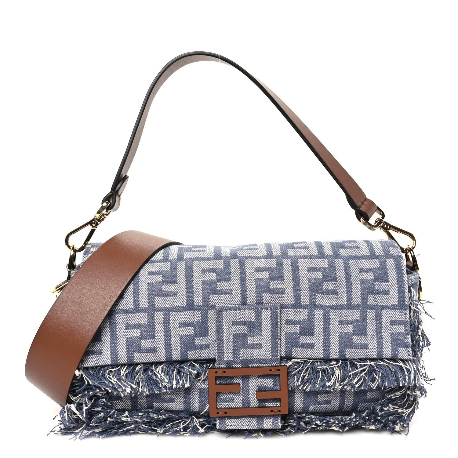 Fendi Fendi Denim Vitello Fringe FF Embroidered Baguette Myrtle Dark Nut