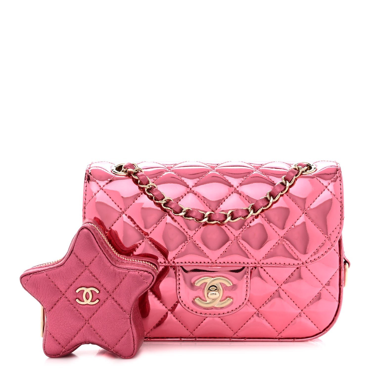 Chanel Mirror Calfskin Metallic Lambskin Quilted Hollywood Boulevard Mini Flap With Star Coin Purse Pink
