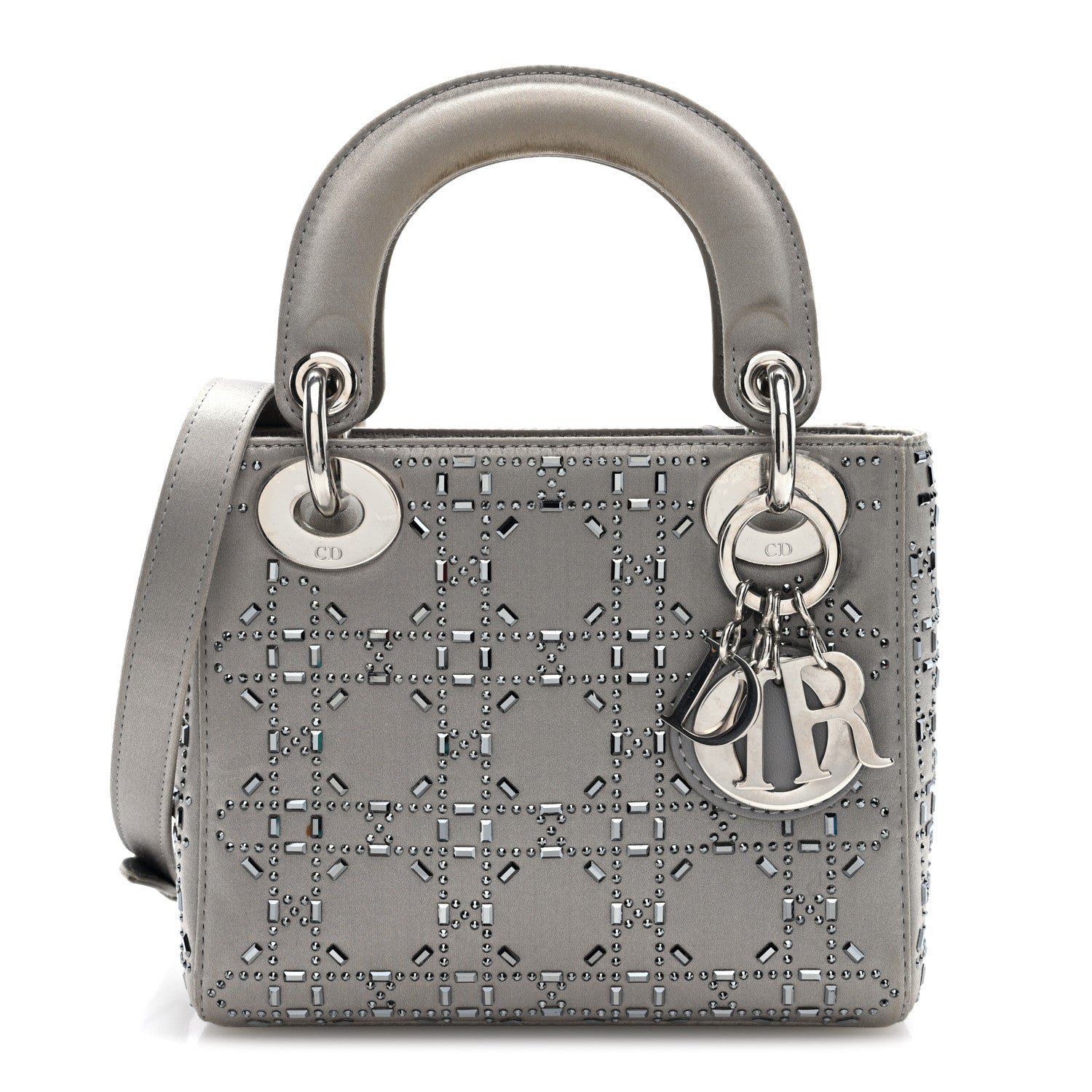 Christian Dior Satin Crystal Cannage Mini Lady Dior Gray
