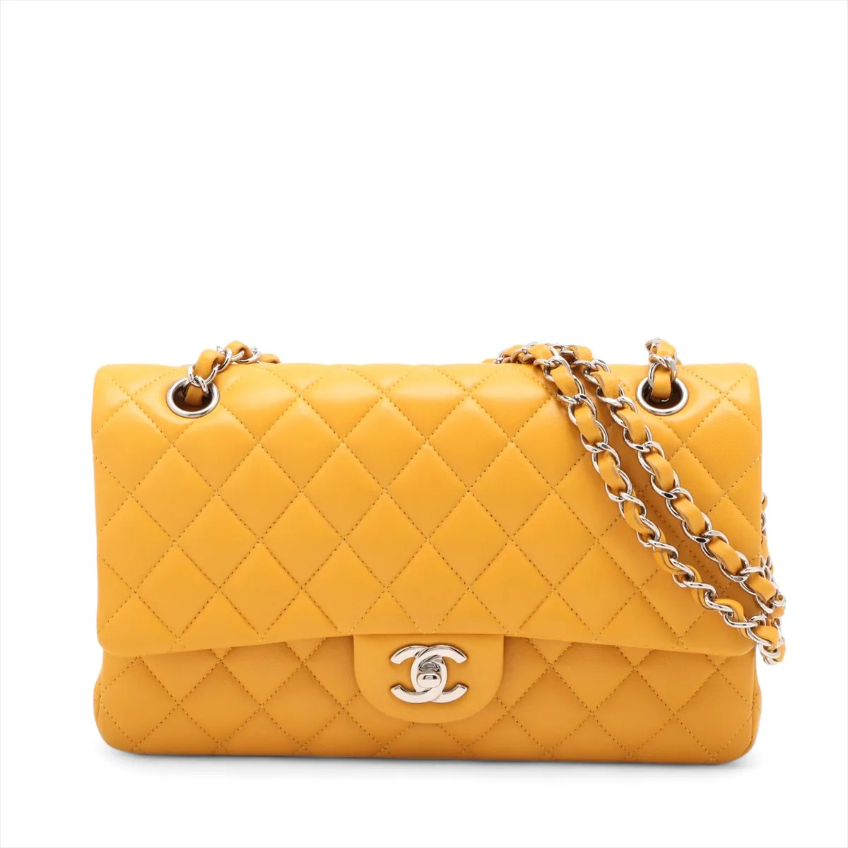 Chanel Matelasse 25 Lambskin Double Flap Double Chain Bag Yellow Silver Metal Fi