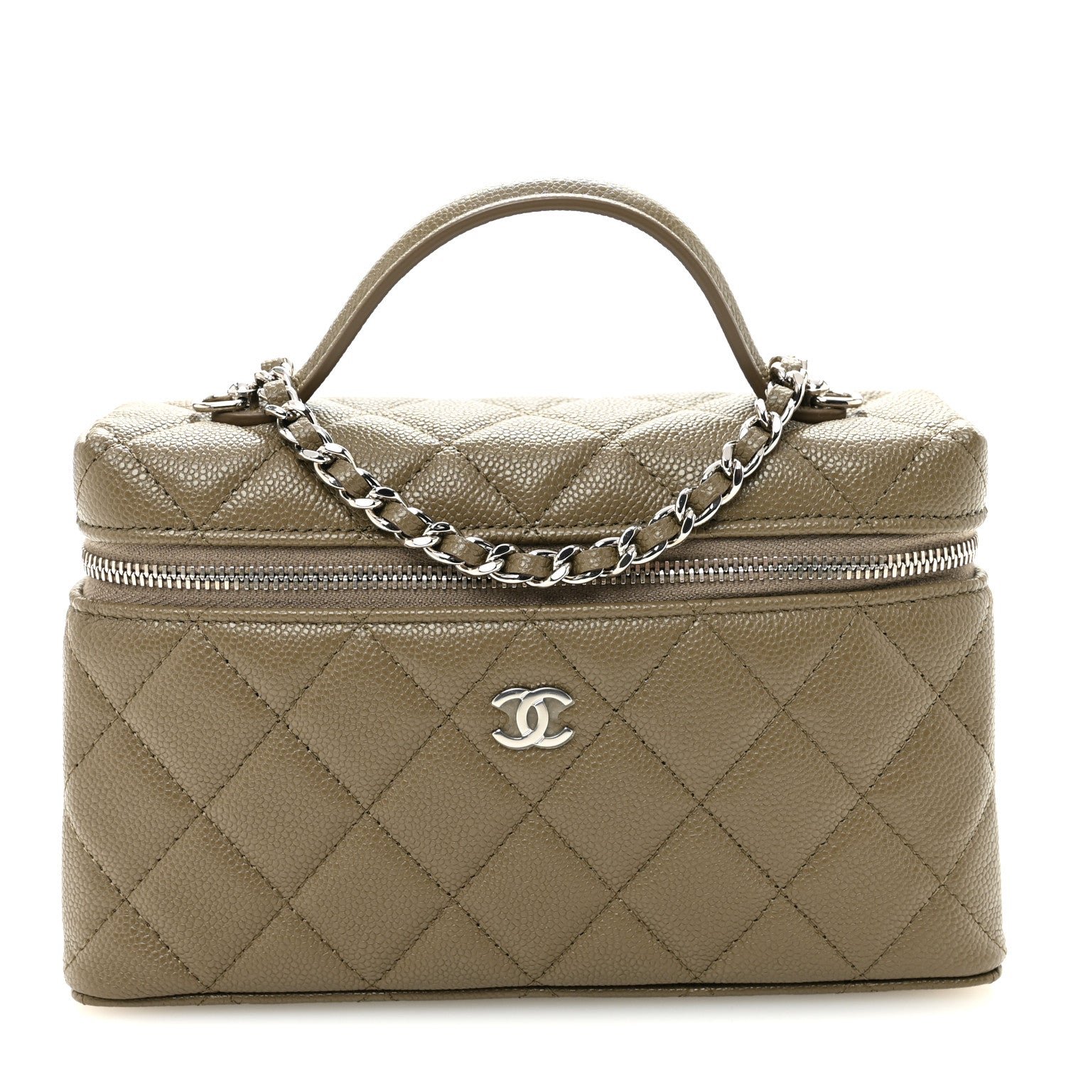 Chanel Caviar Quilted Top Handle Slim Vanity With Chain Dark Khaki