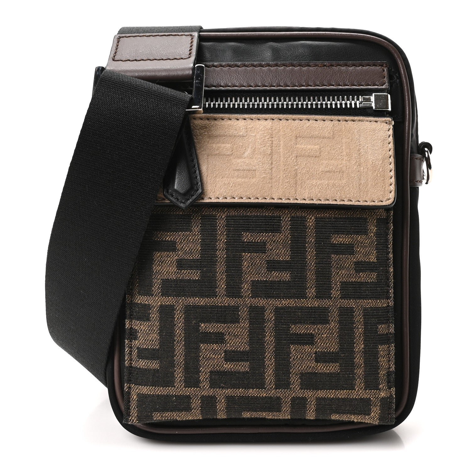 Fendi Fendi Nylon Fabric Jacquard Chamois FF 1974 Medium Crossbody Messenger Black Nuvola