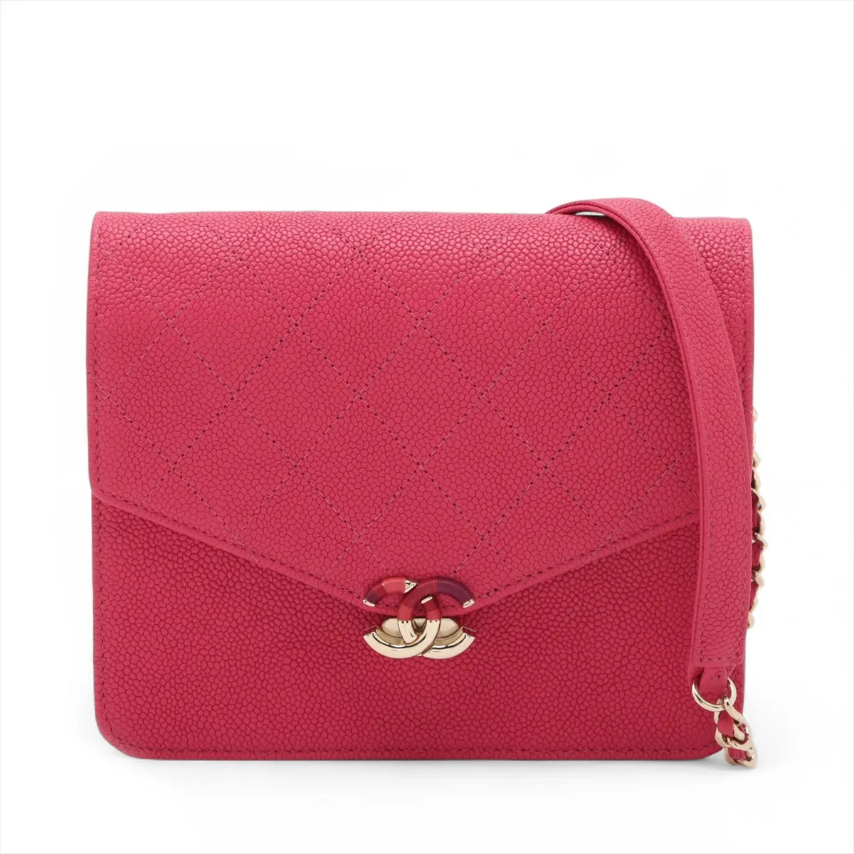 Chanel Matelasse Caviar Skin Chain Wallet Half Coco Mark Pink Gold Metal Fitting