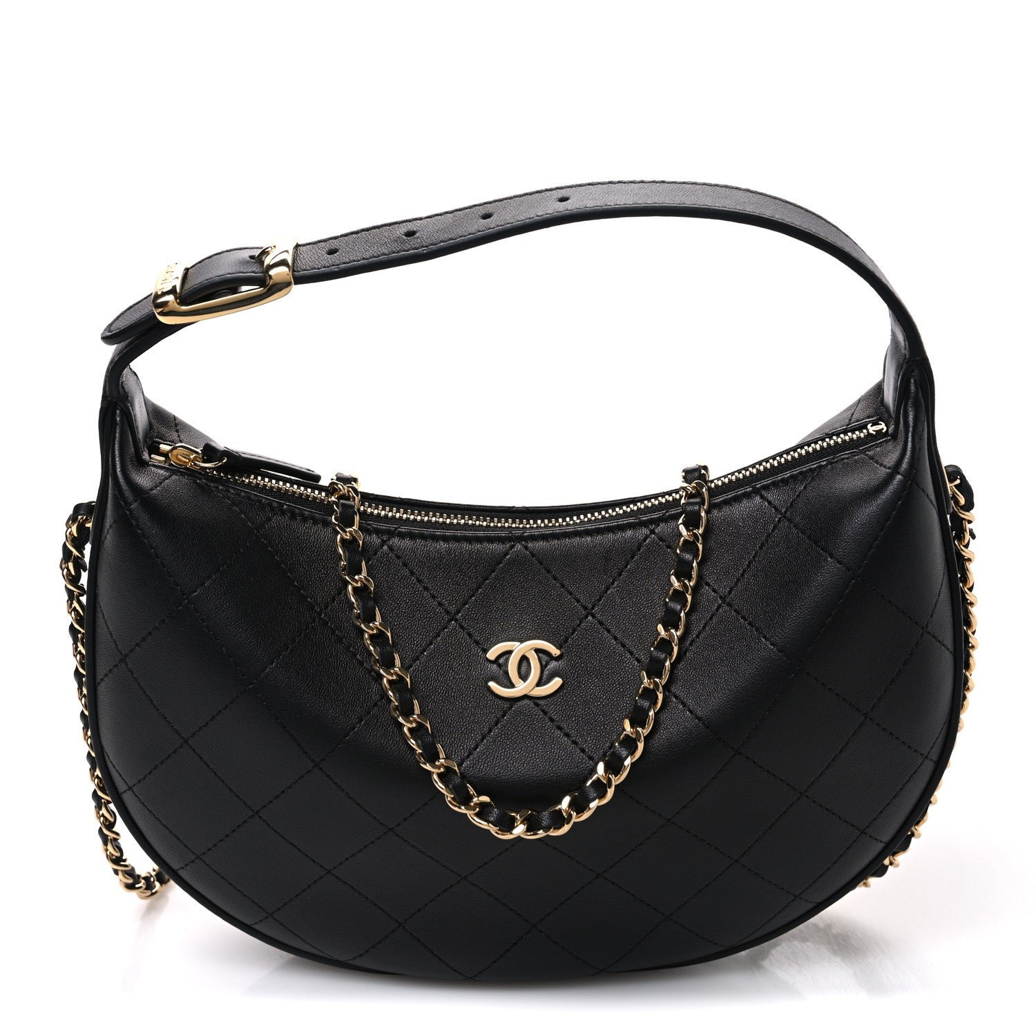 Chanel Lambskin Quilted Hobo Clutch With Chain Black