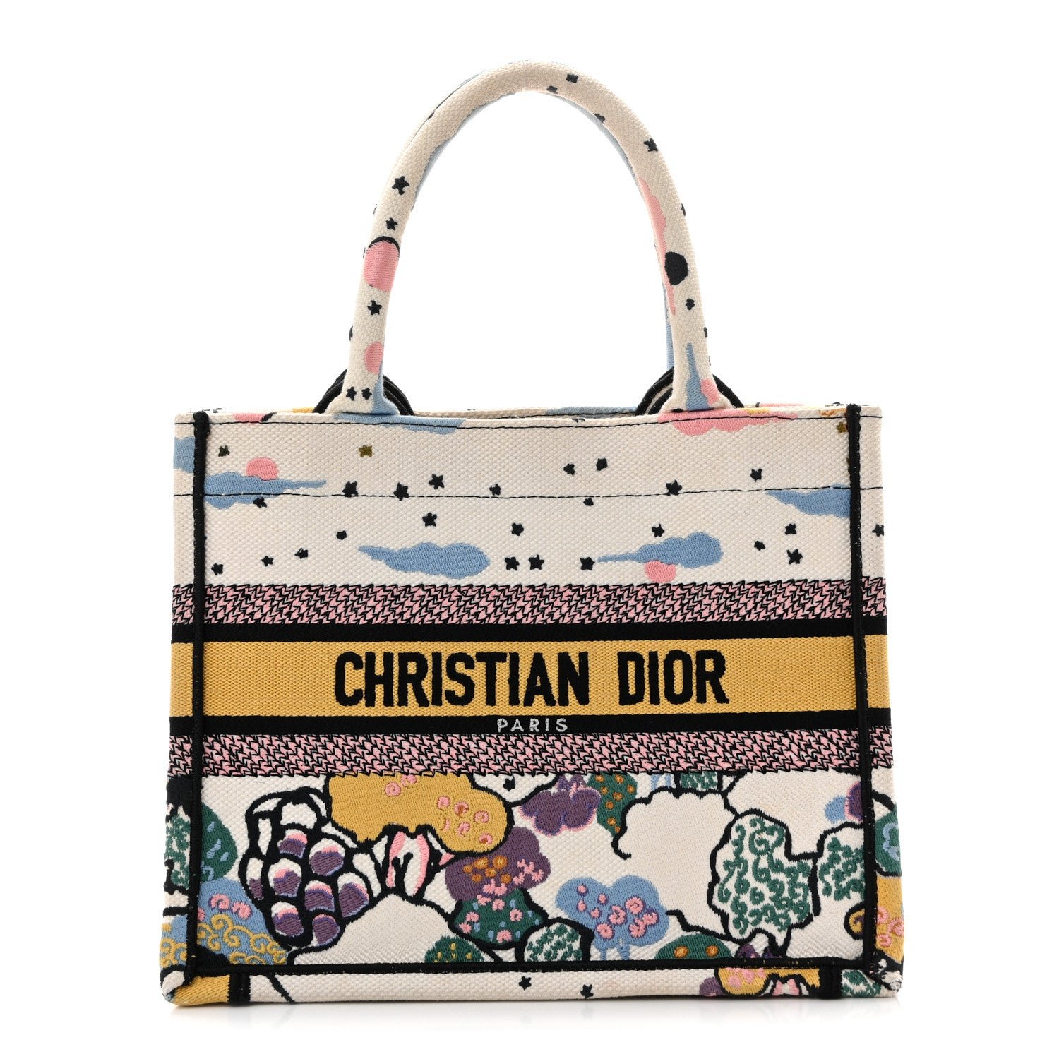 Christian Dior Canvas Embroidered Ciel De Reve Small Book Tote Latte Multicolor
