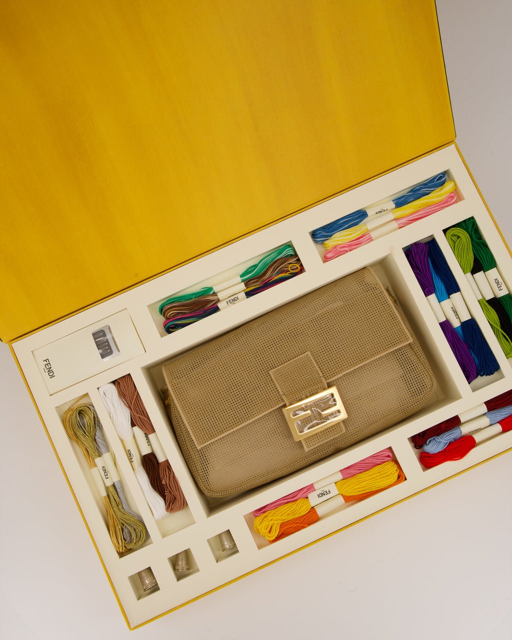 *LIMITED EDITION* Fendi Baguette Bag with Needlepoint Embroidery Kit in Perforated Cotton with Gold Hardware