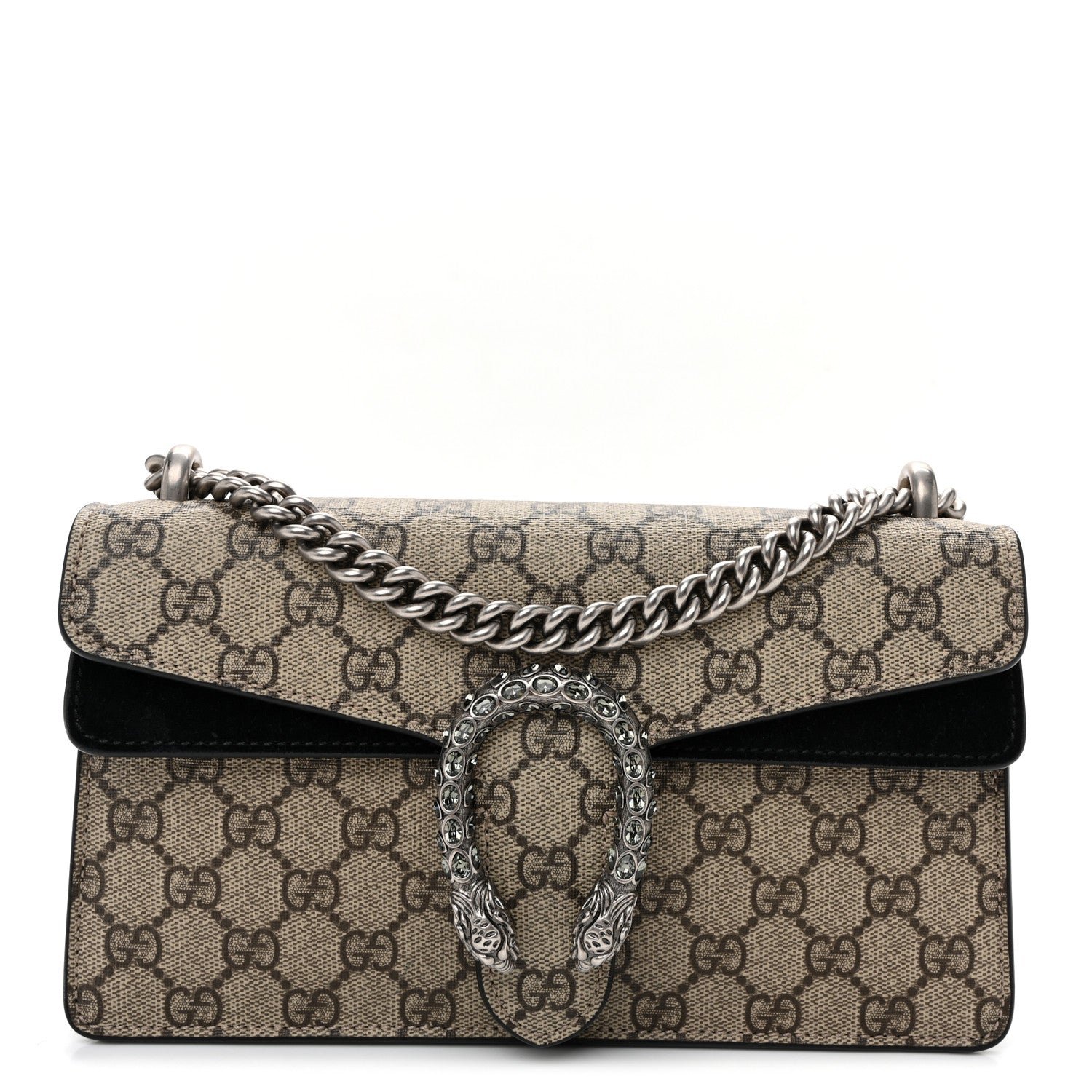 Gucci GG Supreme Monogram Suede Crystal Small Dionysus Shoulder Bag Beige Ebony Black