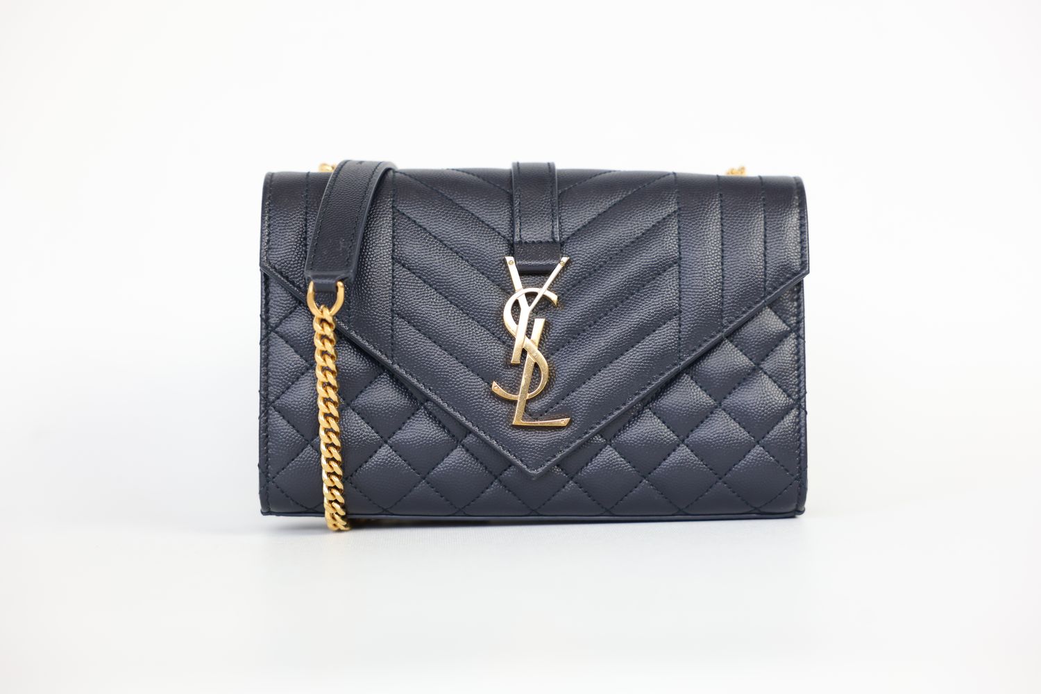 Saint Laurent YSL Envelope Crossbody Small Bag, Navy Blue Leather and Gold Hardware, Preowned in Box WA001