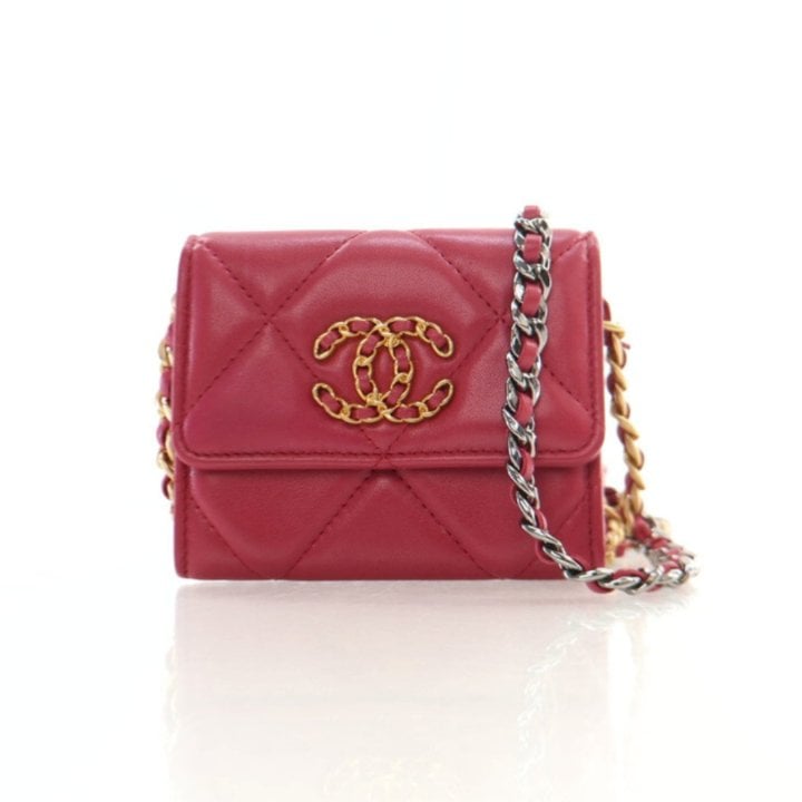 Chanel Red Lambskin 19 Cardholder on Chain