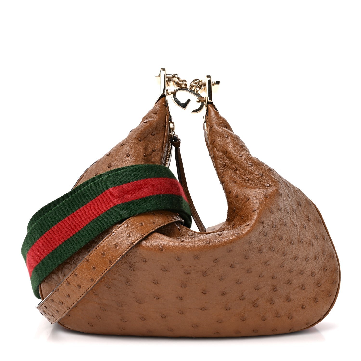 Gucci Ostrich Web Large Attache Shoulder Bag Brown