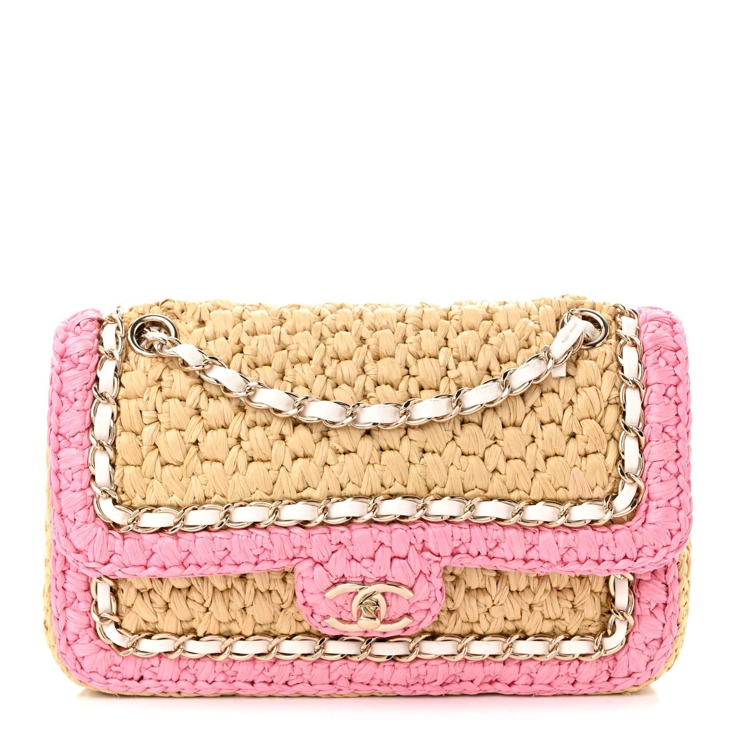 Chanel Raffia Chain Venice Beach Flap Bag Beige Pink