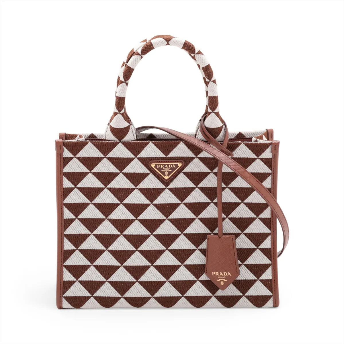 Prada Embroidery 1BA354 Jacquard × Leather 2 Way Handbag Brown
