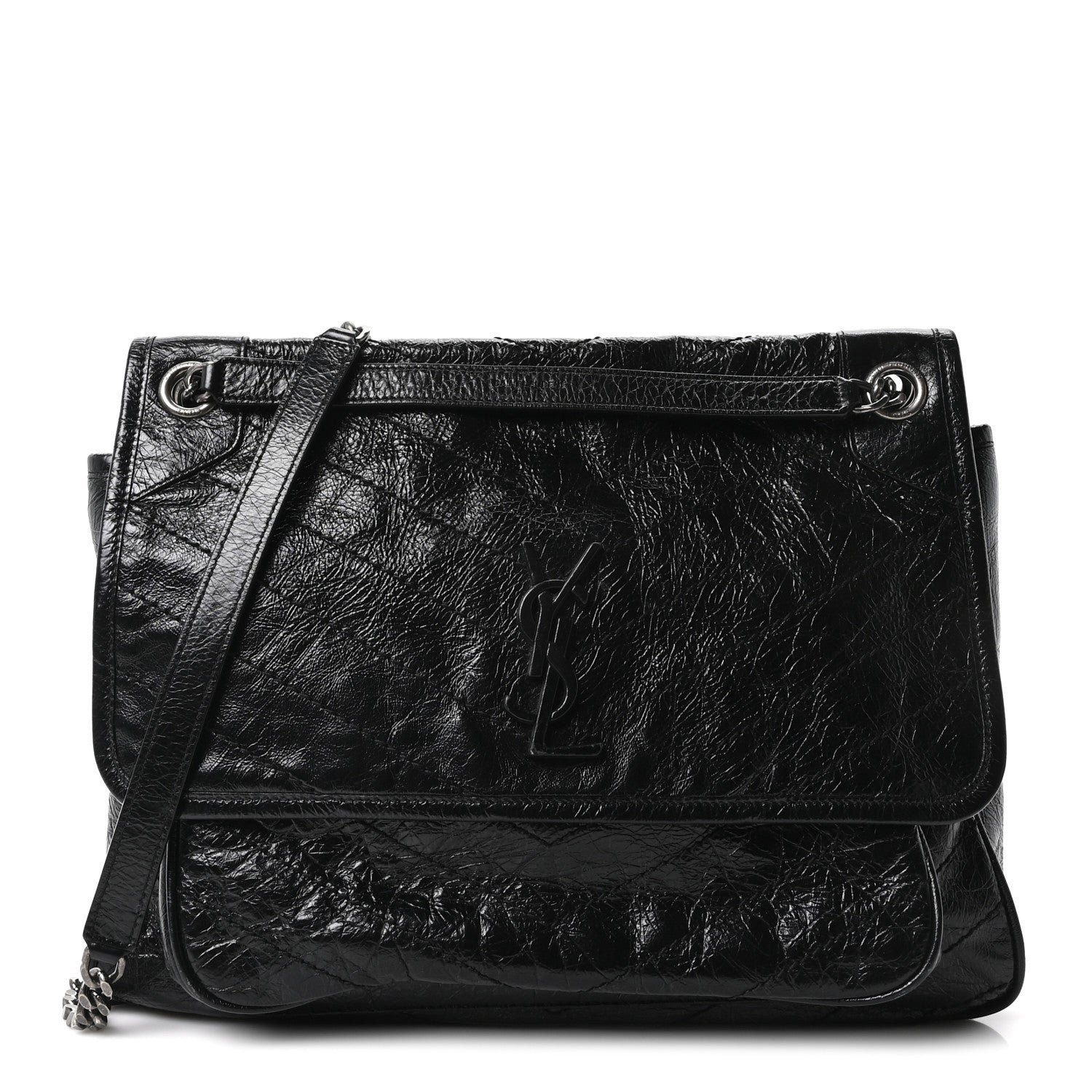 Crinkled Calfskin Matelasse Monogram Large Niki Chain Satchel Black