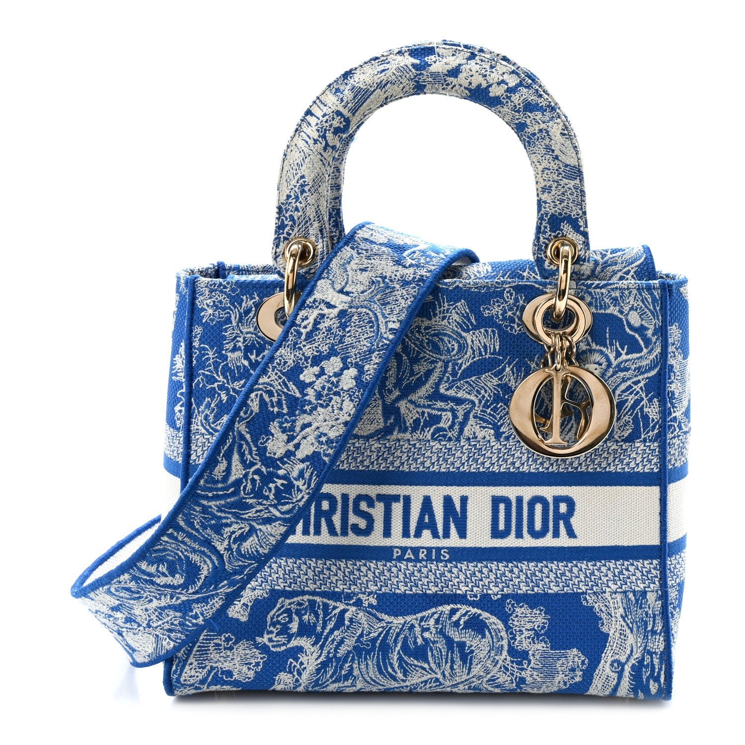 Christian Dior Canvas Toile De Jouy Reverse Embroidered Medium Lady D-Lite Fluorescent Blue