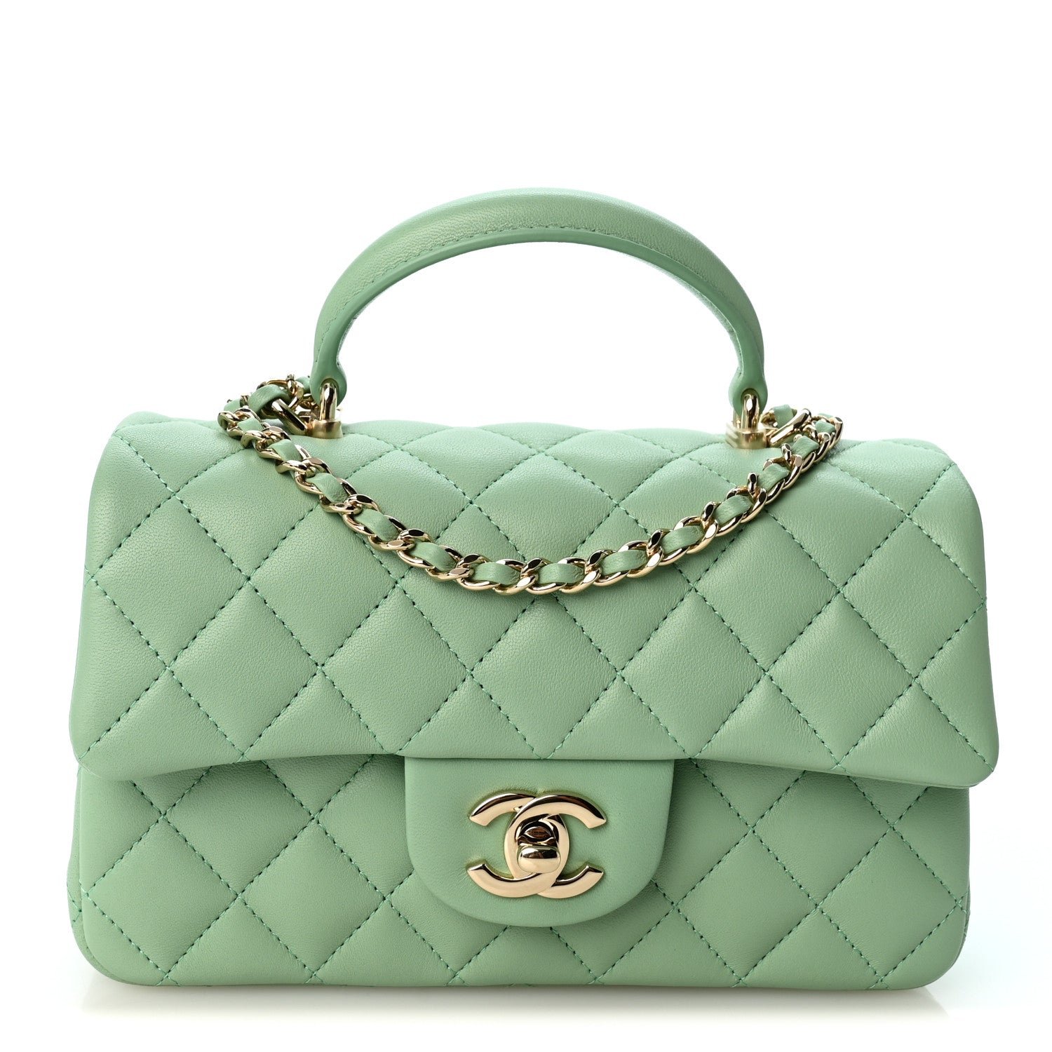 Chanel Lambskin Quilted Mini Top Handle Rectangular Flap Light Green