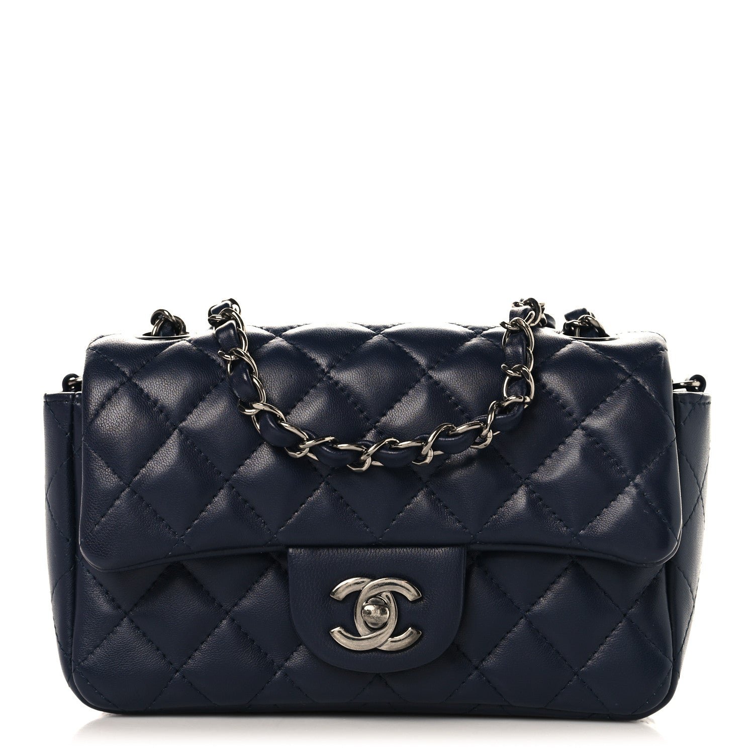 Chanel Lambskin Quilted Mini Rectangular Flap Dark Navy Blue