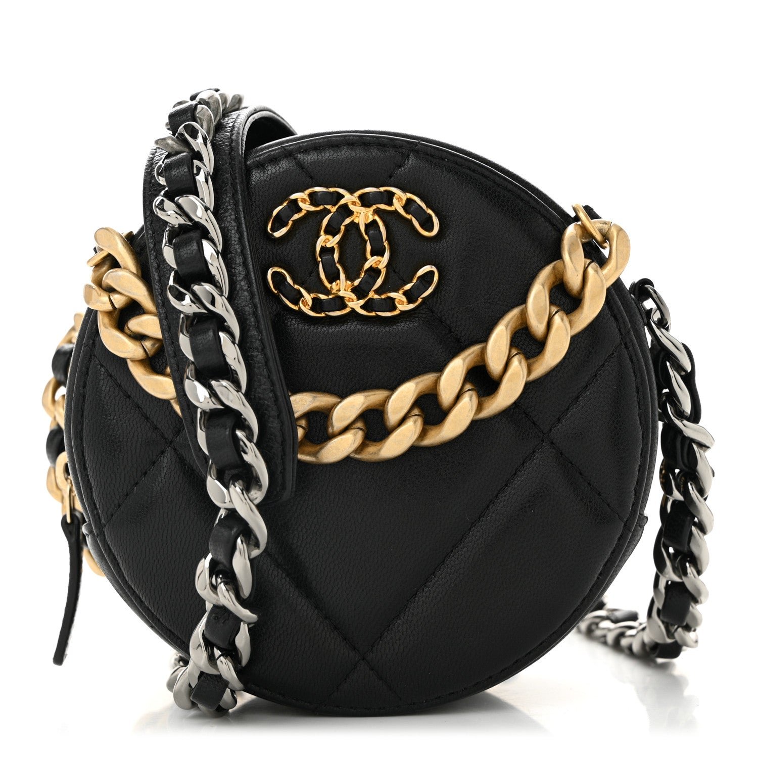 Chanel Shiny Goatskin Quilted Chanel 19 Round Clutch With Chain Black