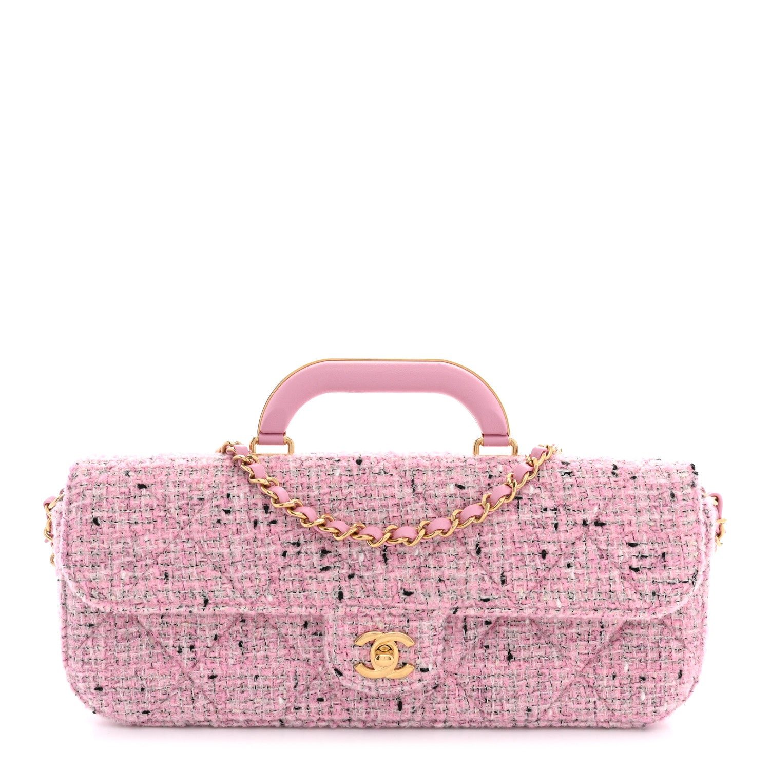 Chanel Tweed Large Top Handle Clutch With Chain Pink Black Ecru