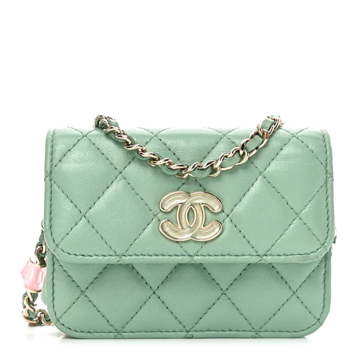 Chanel Lambskin Resin Quilted Mini Heart Coin Purse With Chain Light Green