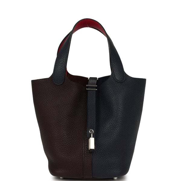 Pre-owned Hermes Picotin 18 Casaque Bleu Nuit, Rouge Sellier, Framboise Clemence Palladium Hardware