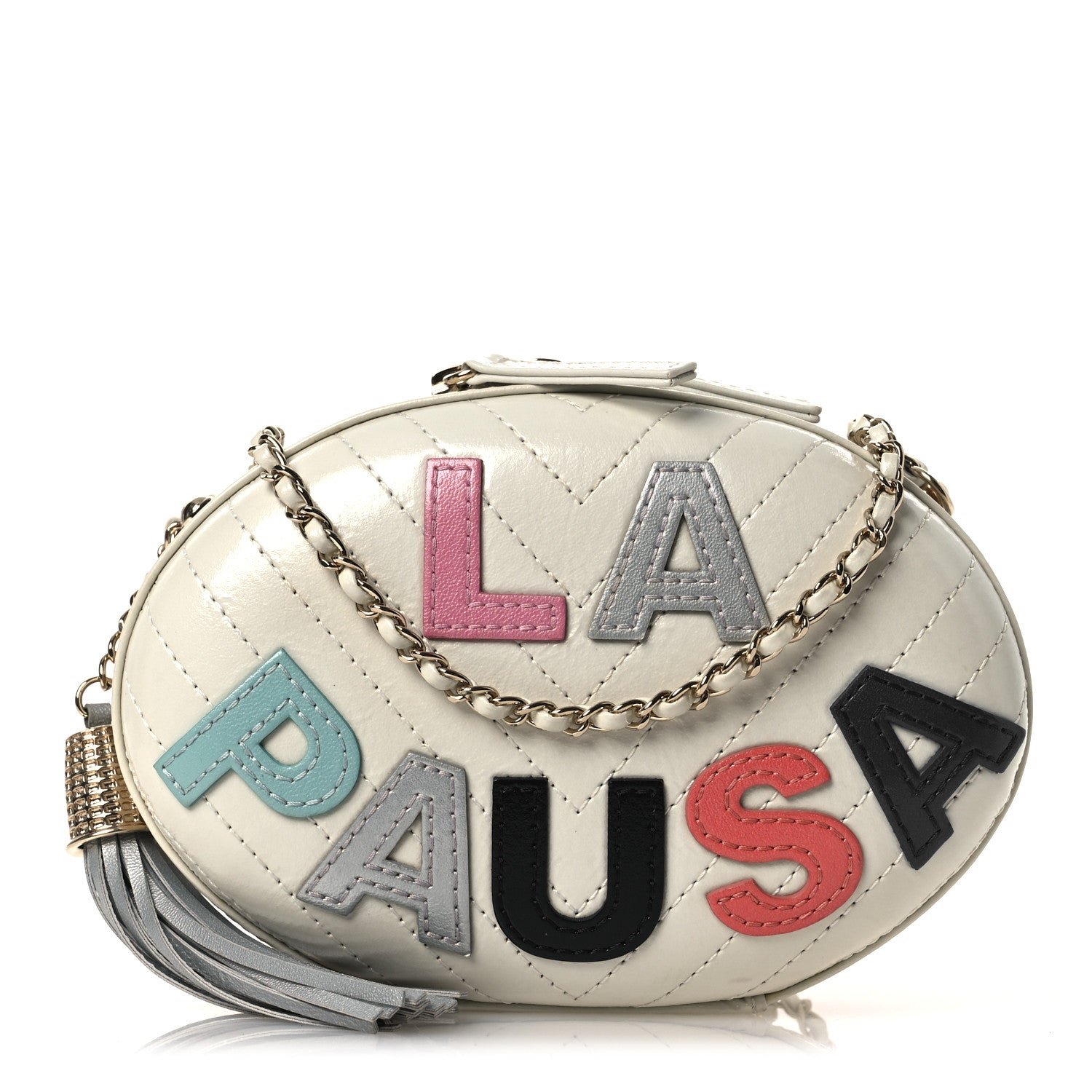 Chanel Embroidered Lambskin Chevron Quilted La Pausa Evening Bag White