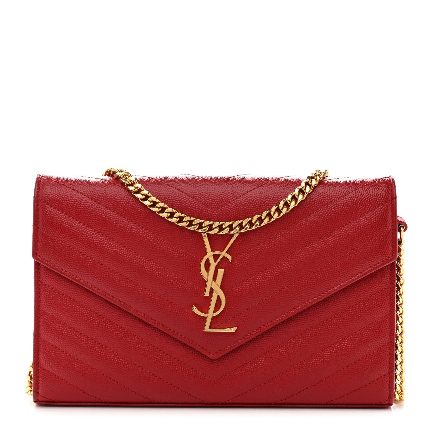 Saint Laurent Grain De Poudre Matelasse Chevron Monogram Chain Wallet Red