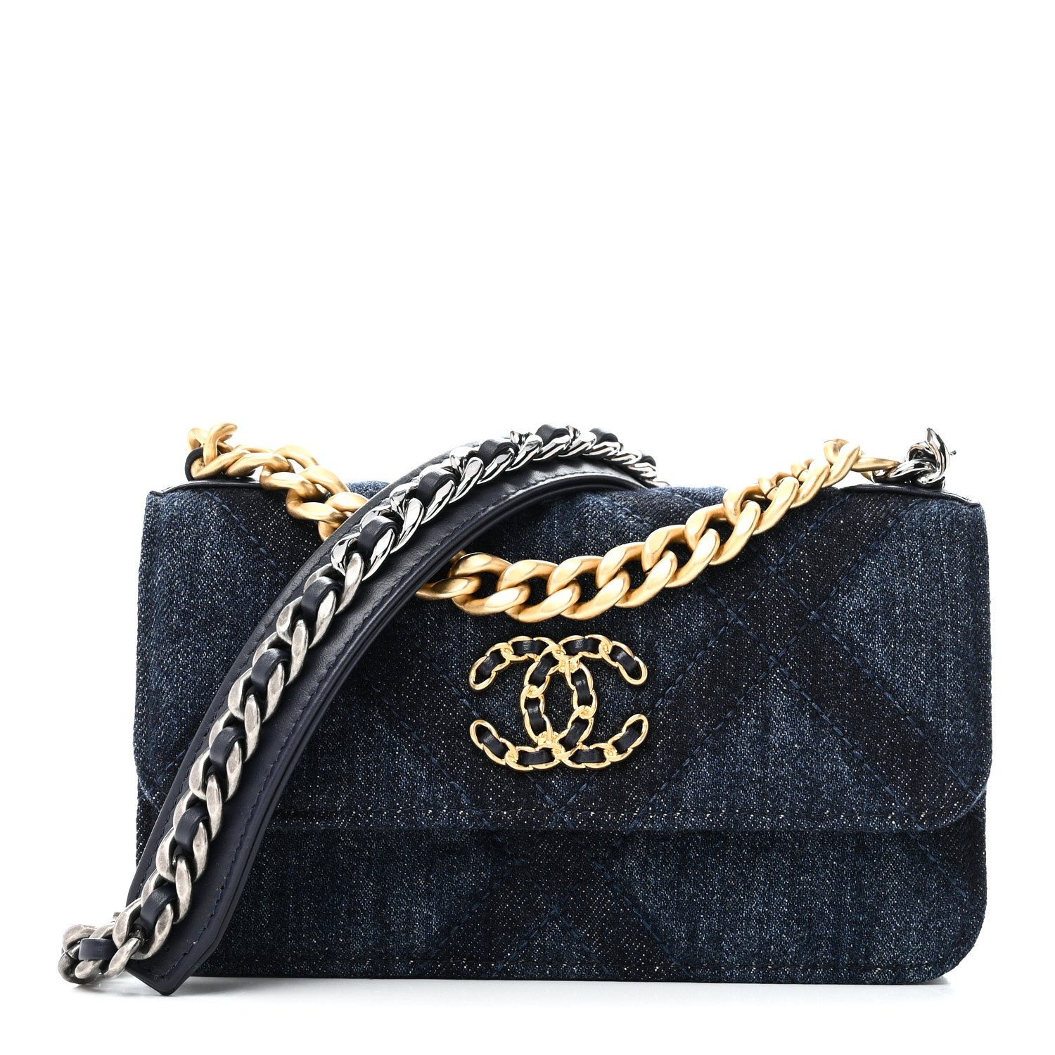 Chanel Denim Quilted Chanel 19 Flap Phone Holder With Chain Blue