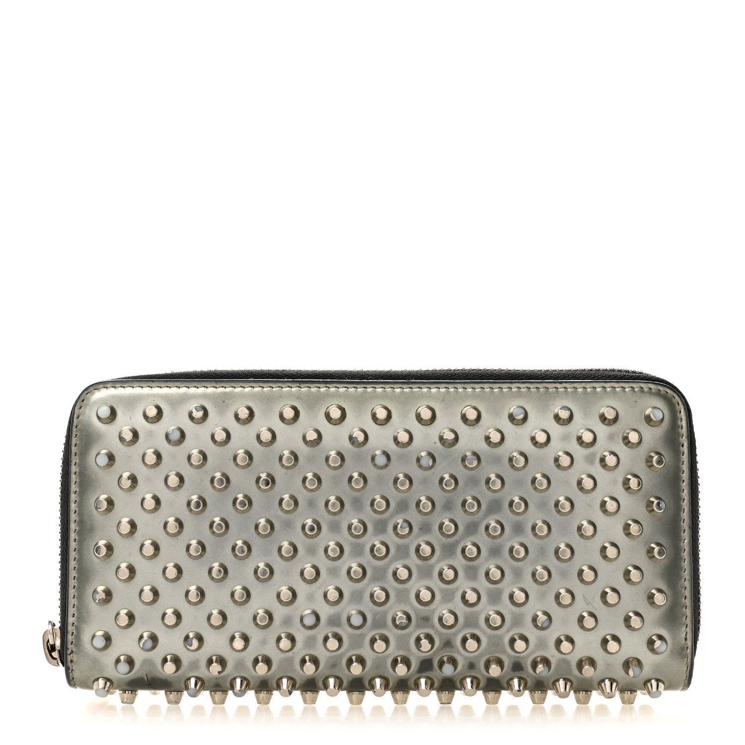 Christian Louboutin Christian Louboutin Metallic Patent Panettone Spiked Zip Around Wallet Silver