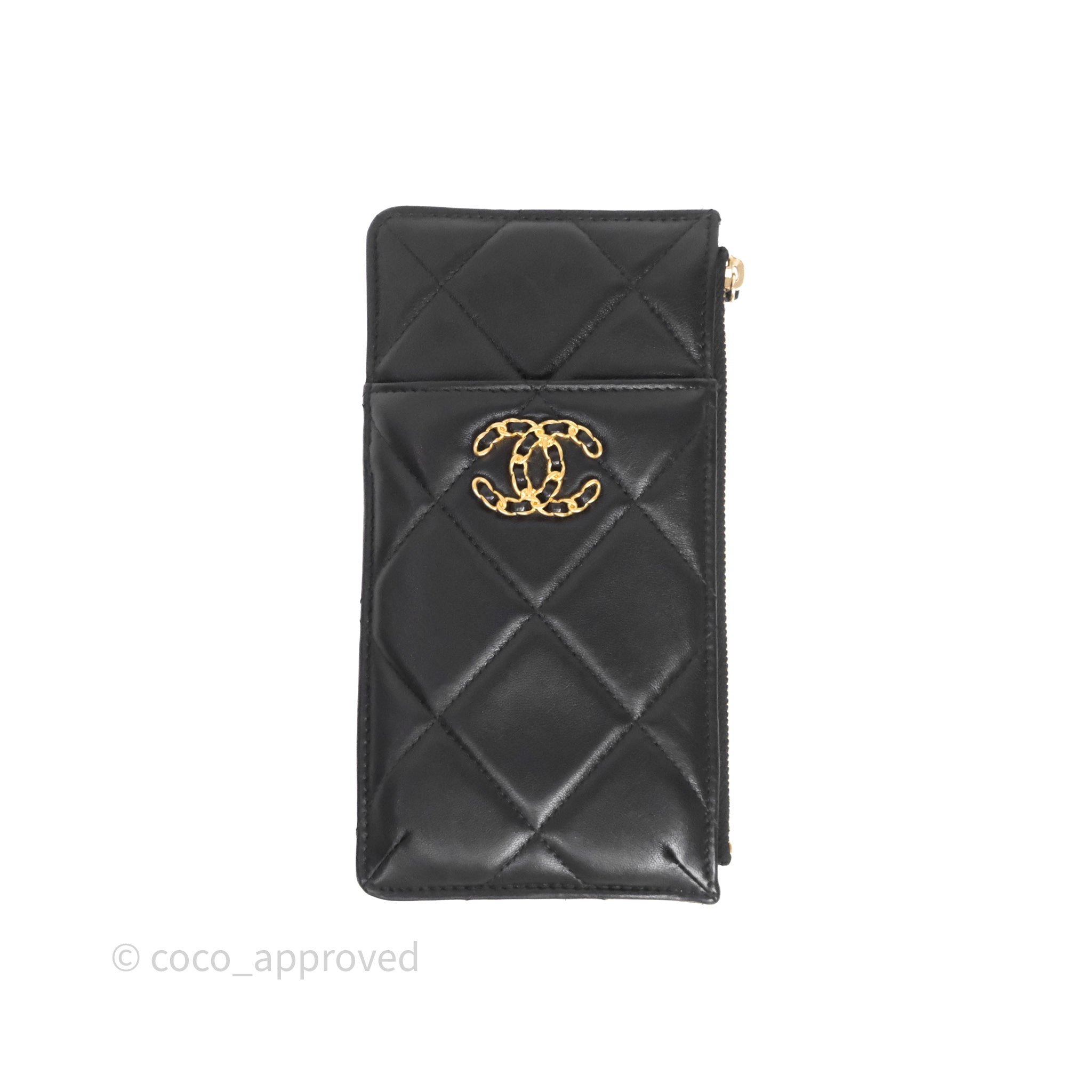 Chanel 19 Phone Holder Long Zip Wallet Black Goatskin Gold Hardware