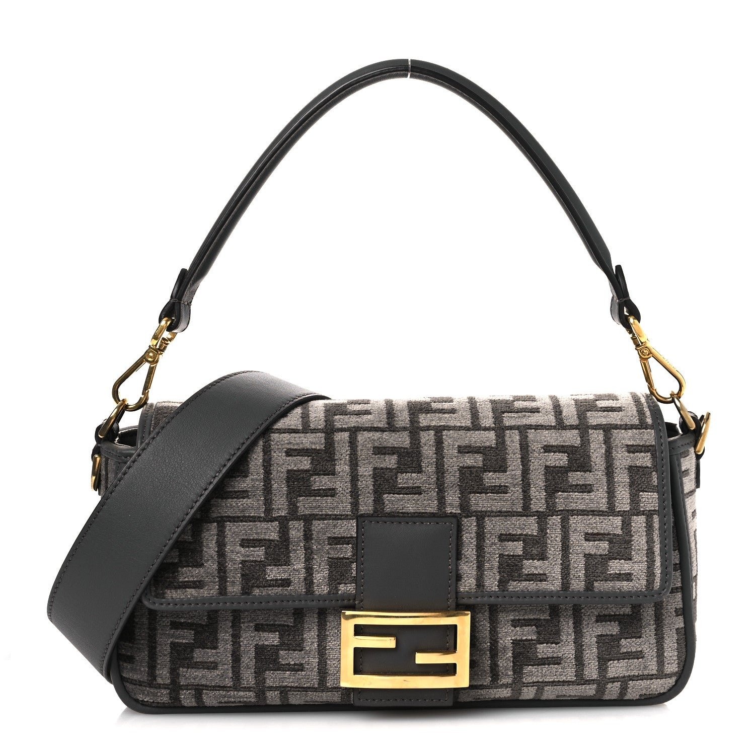 Fendi Chenille FF Embroidered Baguette Antracite Asfalto