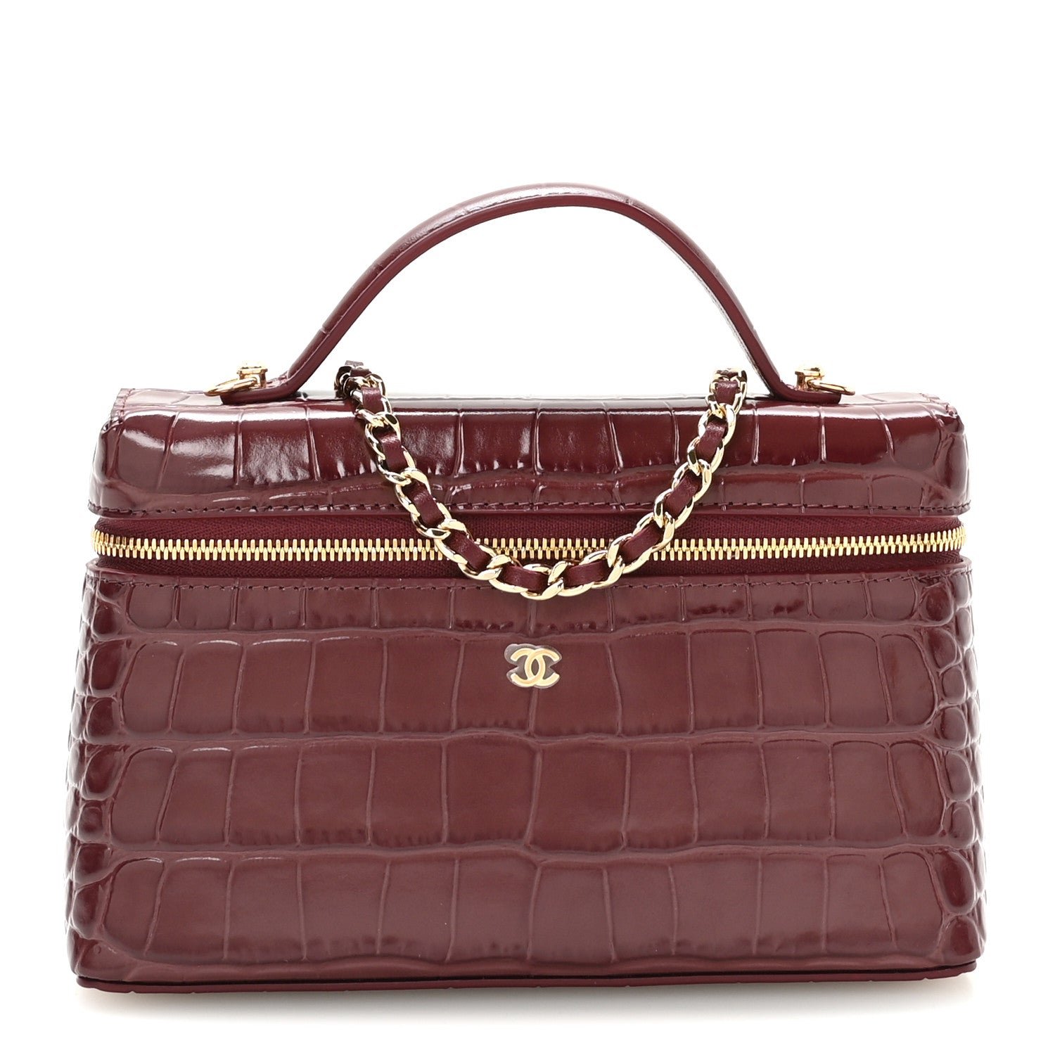 Chanel Calfskin Crocodile Embossed Exoticoco Large Supple Trapeze Vanity With Chain Dark Burgundy