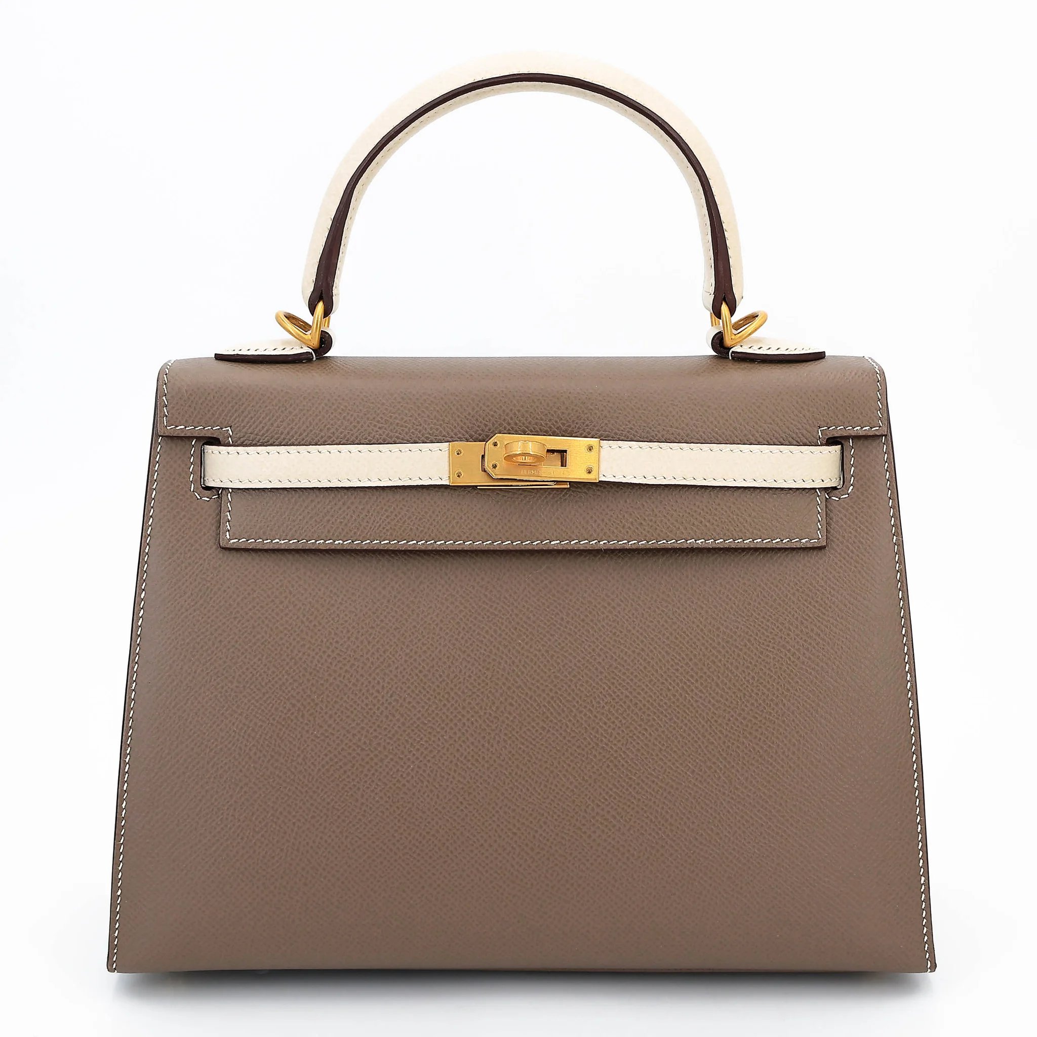 Very Good ( Rank A) HERMÈS Special Order Kelly 25 Sellier HSS Etoupe (18) Craie (10) Epsom Brushed Gold hardware D (2019)