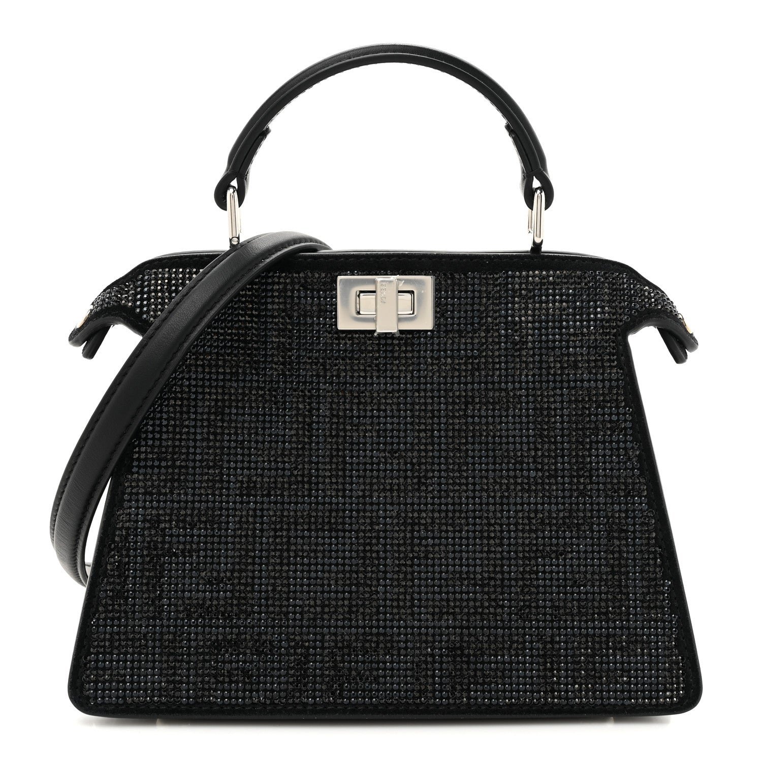 Fendi Crystal Shiny Nappa FF Petite Peekaboo I SEE U Satchel Black