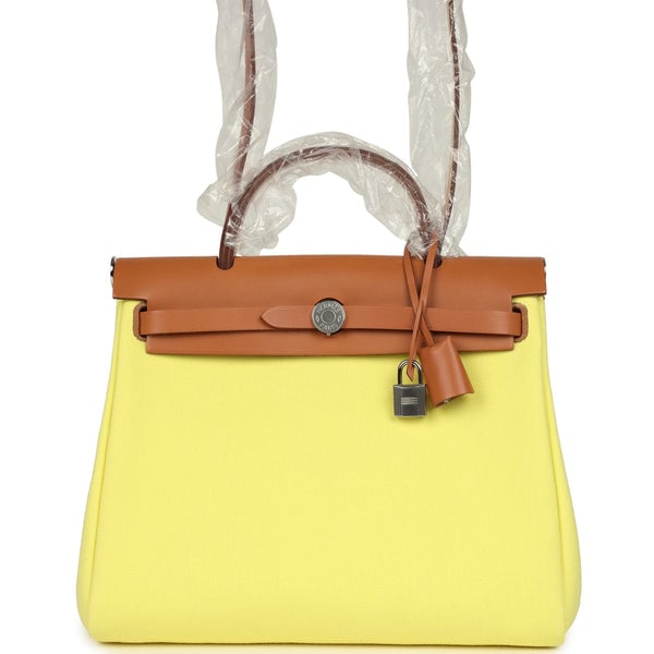 Hermes Hermes Herbag Zip PM 31 Jaune Citron Toile H Canvas and Fauve Vache Hunter Palladium Hardware