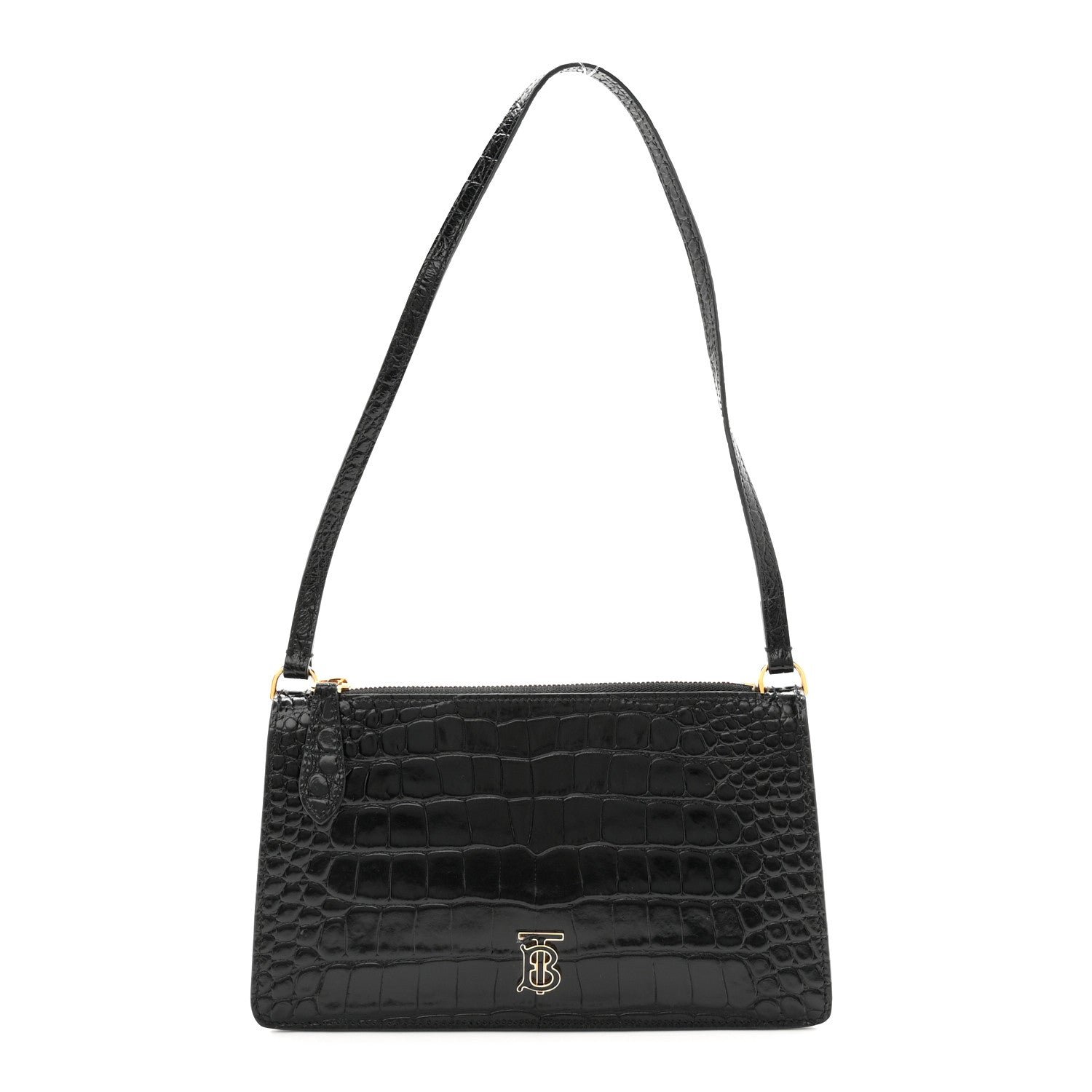 Burberry Burberry Calfskin Alligator Embossed Mini TB Shoulder Bag Black