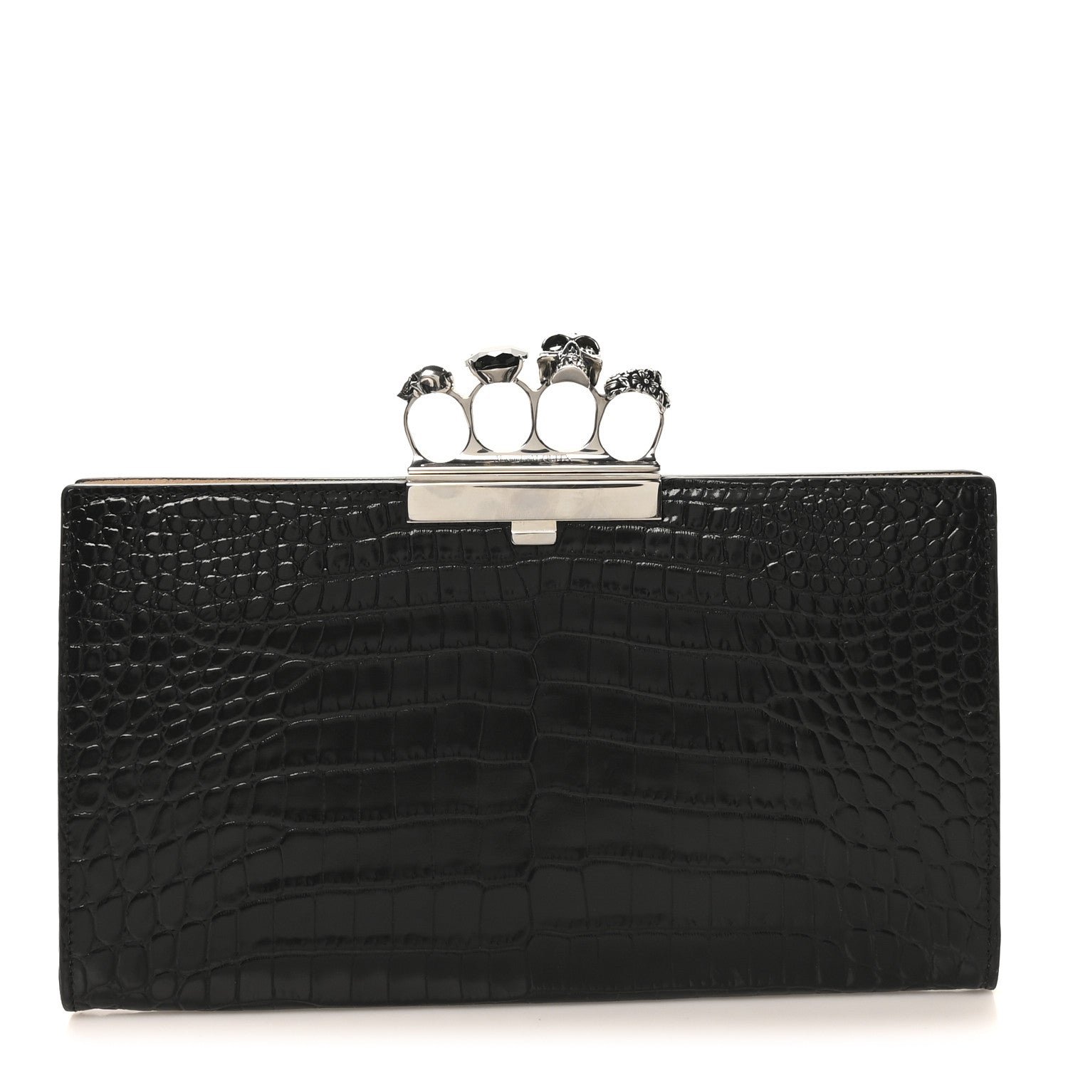 Alexander McQueen Calfskin Crocodile Embossed Knuckle Flat Clutch Black