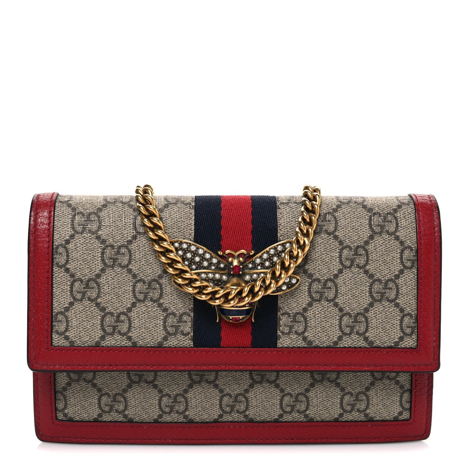 Gucci GG Supreme Monogram Web Queen Margaret Chain Wallet Red