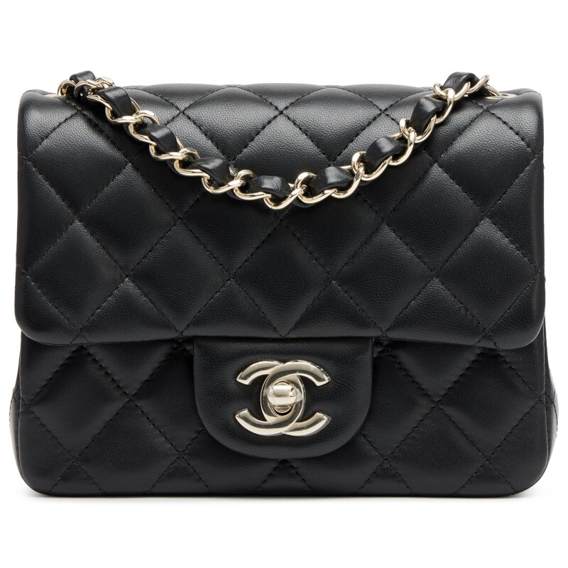 Black Quilted Lambskin Mini Square Classic Single Flap Bag Light Gold Hardware, 2026
