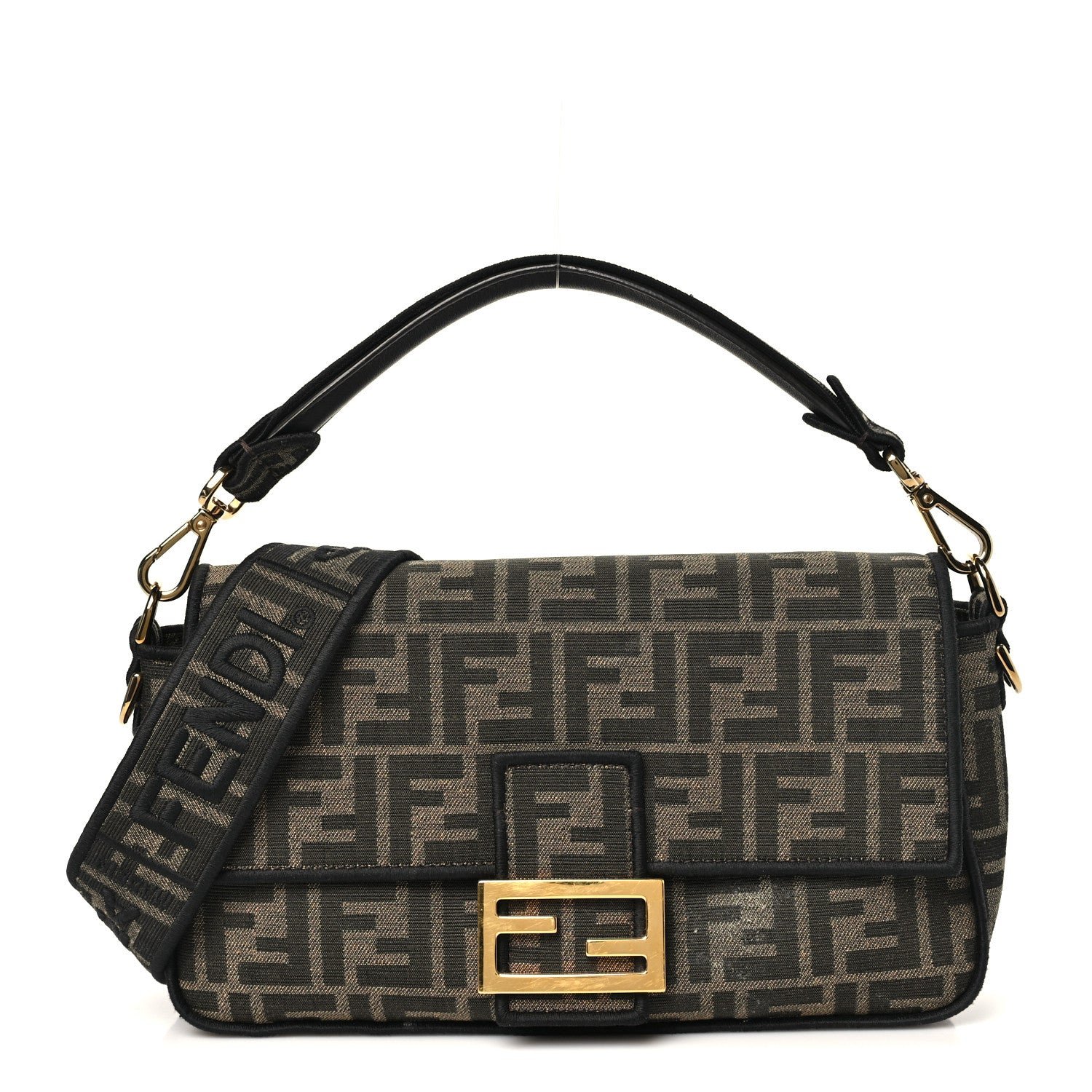 Fendi Fabric Jacquard FF 1974 Medium Baguette Tobacco Moro Black