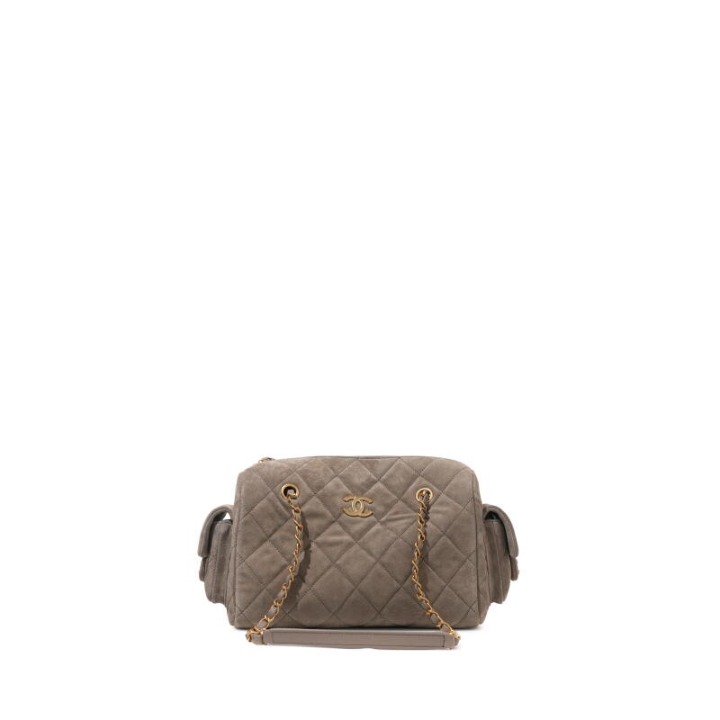 Grey Quilted Suede Chanel 25 Bowling Bag Brushed Gold Hardware