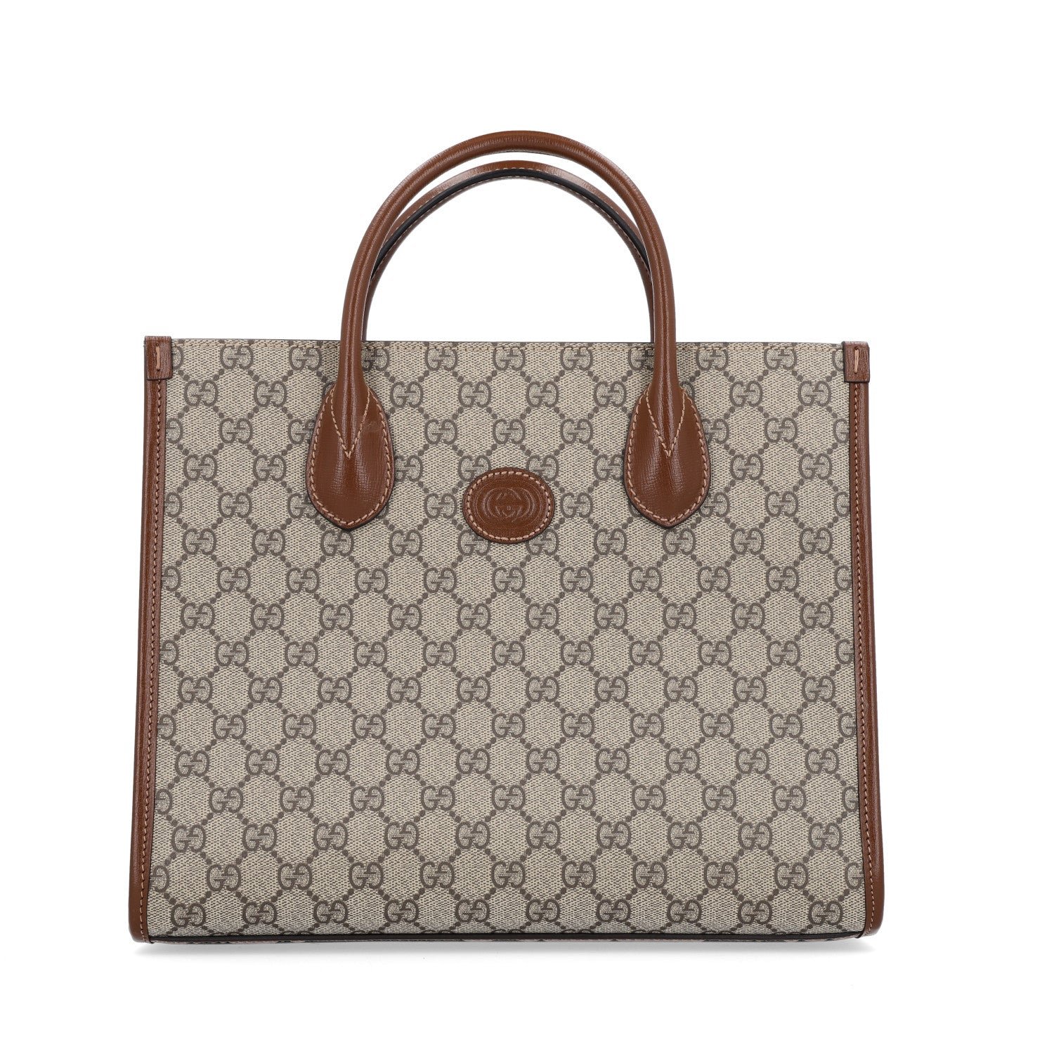 Gucci GG Supreme Monogram Azalea Calfskin Small Retro Interlocking G Tote Bag Beige Ebony Brown Sugar
