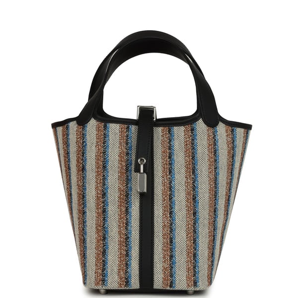 Hermes Hermes Stripe Picotin Lock 18 Black Swift and Ecru, Bleu, Black and Fauve Toile H Canvas Palladium Hardware