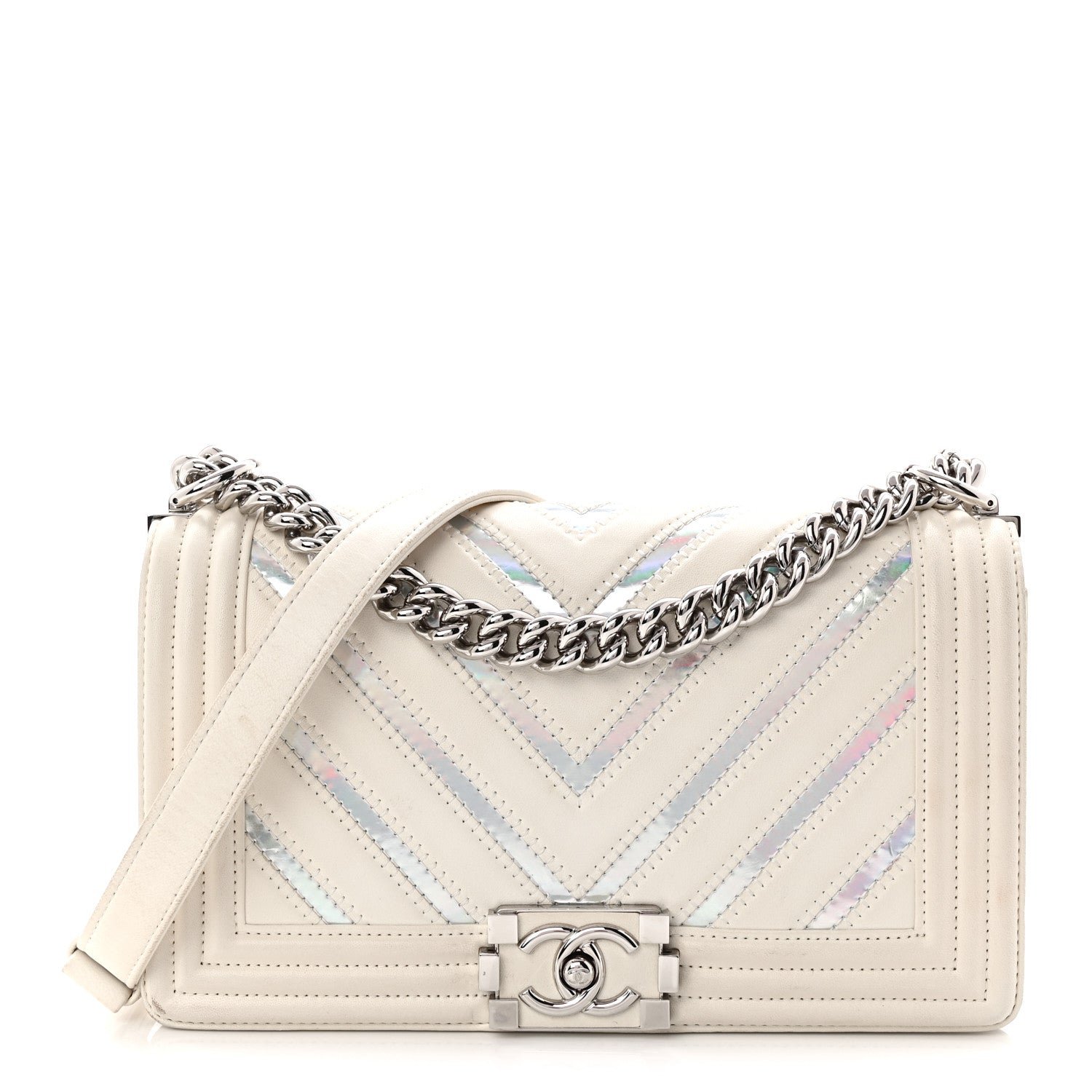 Chanel Lambskin Iridescent PVC Chevron Quilted Medium Boy Flap White Silver