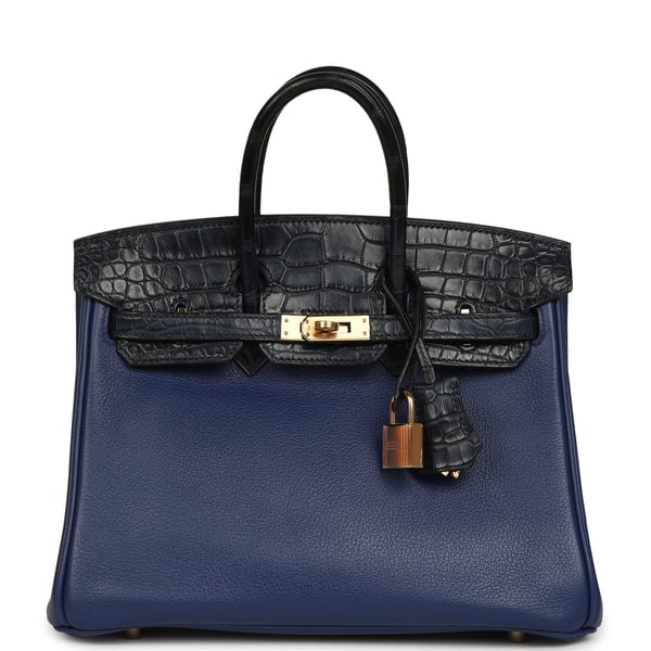 Pre-owned Hermes Birkin 25 Bleu Saphir Taurillion Novillo and Bleu Marine Matte Alligator Touch Rose Gold Hardware